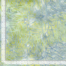 Batik wide quilt backing fabric with an abstract line design in chartreuse yellow and blue gray with rulers on two sides to show scale.