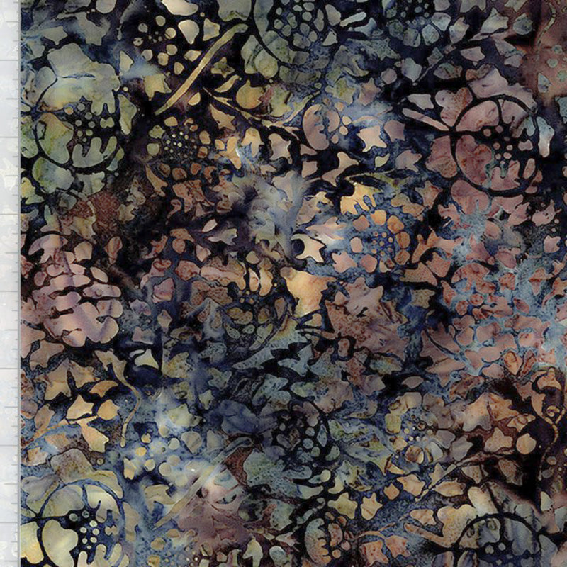 Green, brown, yellow and black abstract patterned batik wide quilt backing fabric.