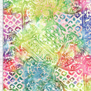 Colorful patterned batik wide quilt back fabric with a multicolor patchwork design on a white background.