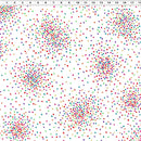 White wide quilt backing fabric covered with many small multicolored dots in red, blue, green, yellow, and purple, arranged in several circular clusters. A ruler is visible along the top edge for scale.