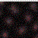 Black wide quilt backing fabric covered with many small multicolored square dots arranged in spiral clusters, with a ruler visible along the top edge for scale.