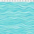 Wide quilt backing fabric with horizontal wavy lines in turquoise, teal, aqua, and light blue, with a white ruler printed along the top edge for scale.