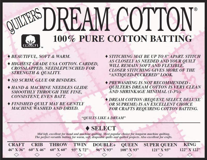 Quilters Dream100% Pure Cotton Select Batting by the Yard 60
